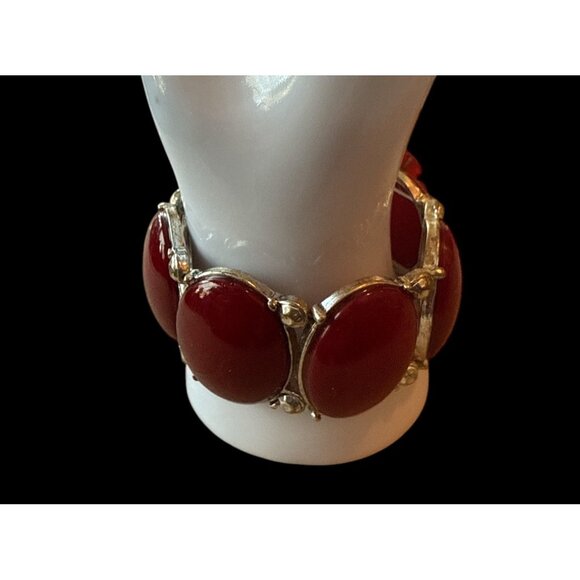 Vintage Silver-Plated Stretch Bracelet With Bold Red Oval Cabochons Unique State - Picture 1 of 3